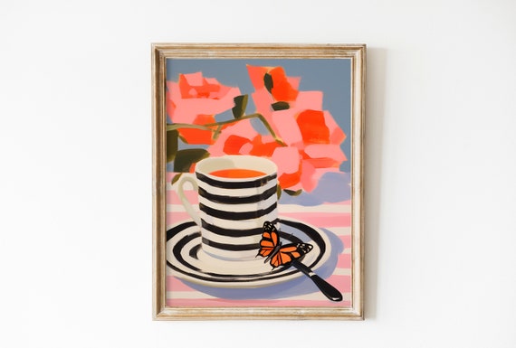 Coffee Print On Striped Background Butterflies Wall Art Modern Kitchen Decor Matisse Pink Inspired Painting Flowers Market Art Pink Art