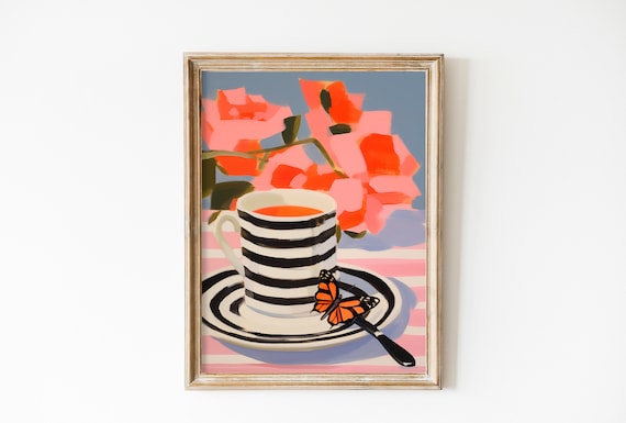 Striped Coffee Cup Monarch Butterfly Modern Pink Kitchen Art Poster