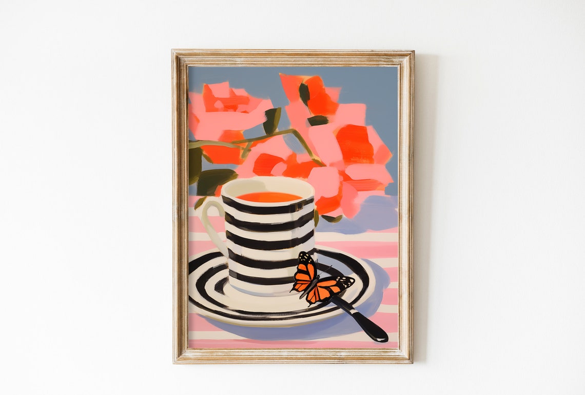 Striped Coffee Cup Monarch Butterfly Modern Pink Kitchen Art Poster