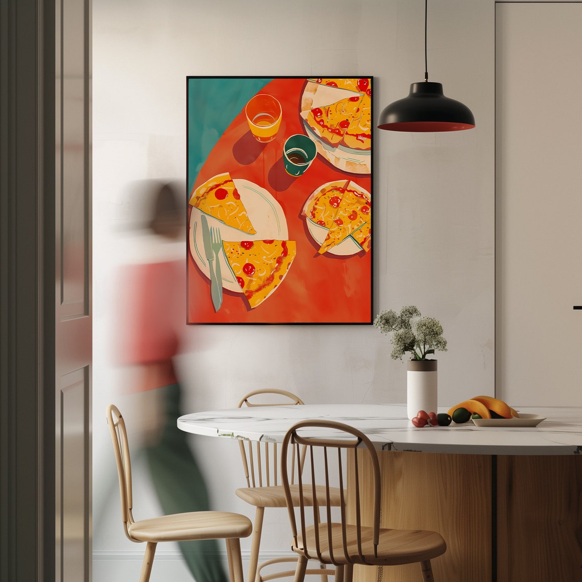 Pepperoni Pizza Party Flatlay Retro Coral Table Kitchen Food Wall Art - Image 3