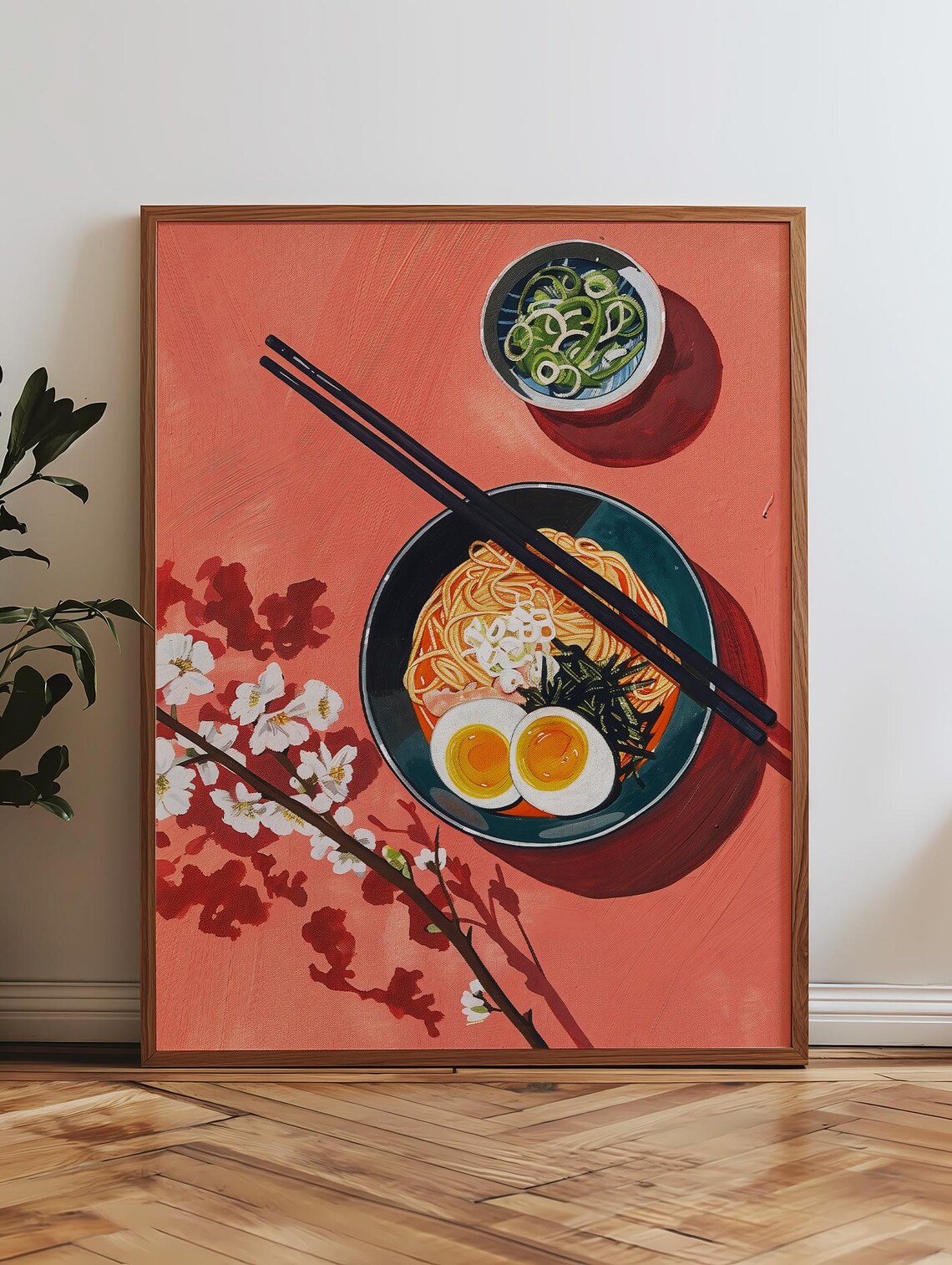 Ramen Bowl With Egg And Chopsticks Coral Pink Flatlay Art Poster - Image 3