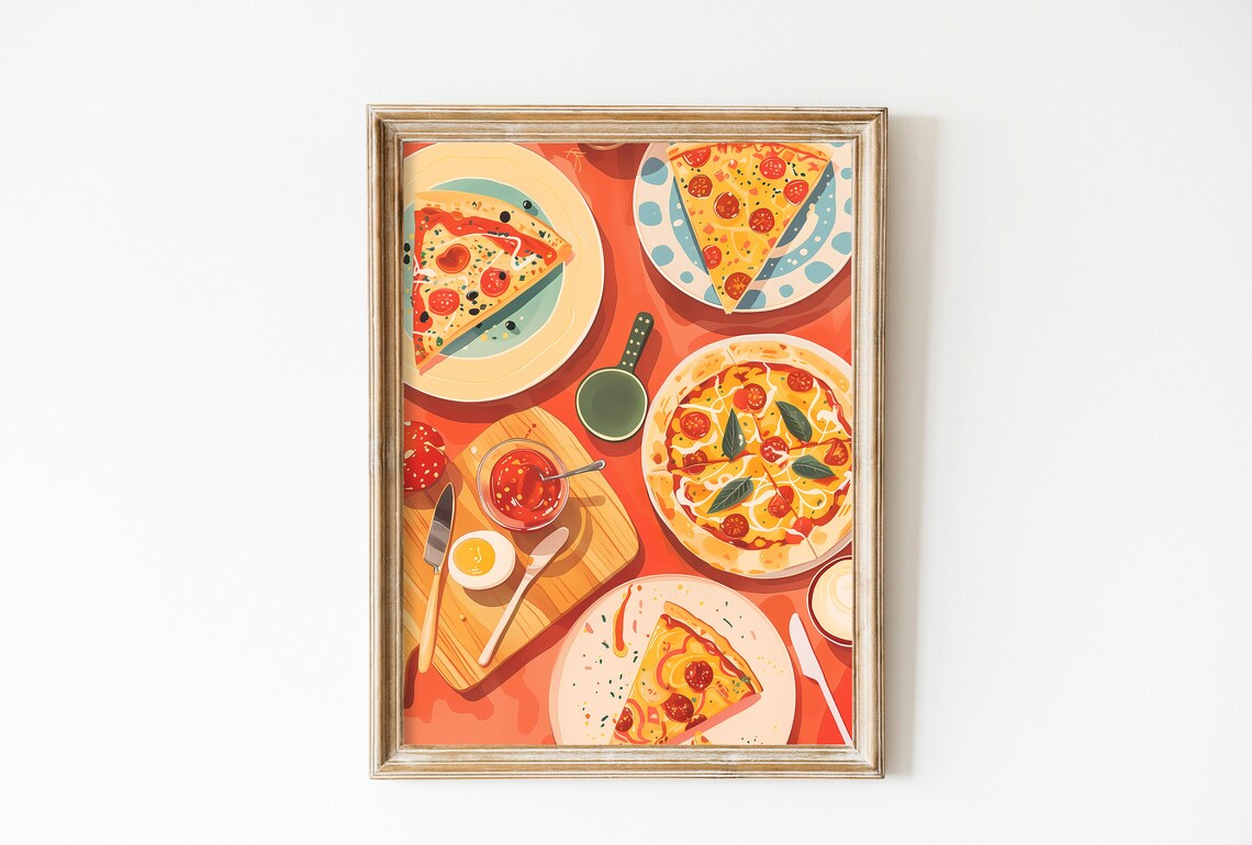 Colorful Pizza Party Flatlay Retro Italian Kitchen Food Art Poster