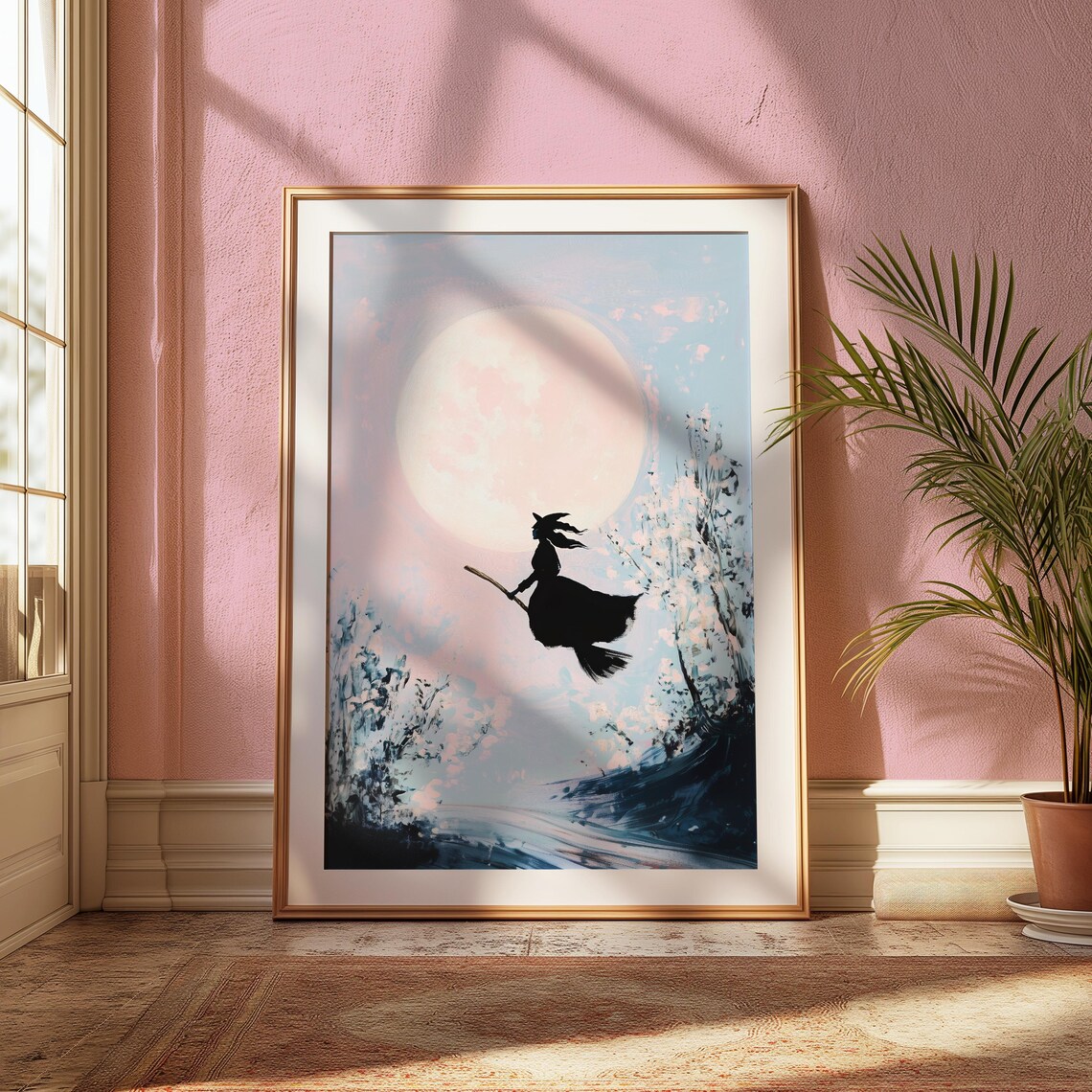 Witch Flying On Broomstick Across Full Moon Pastel Halloween Poster - Image 2