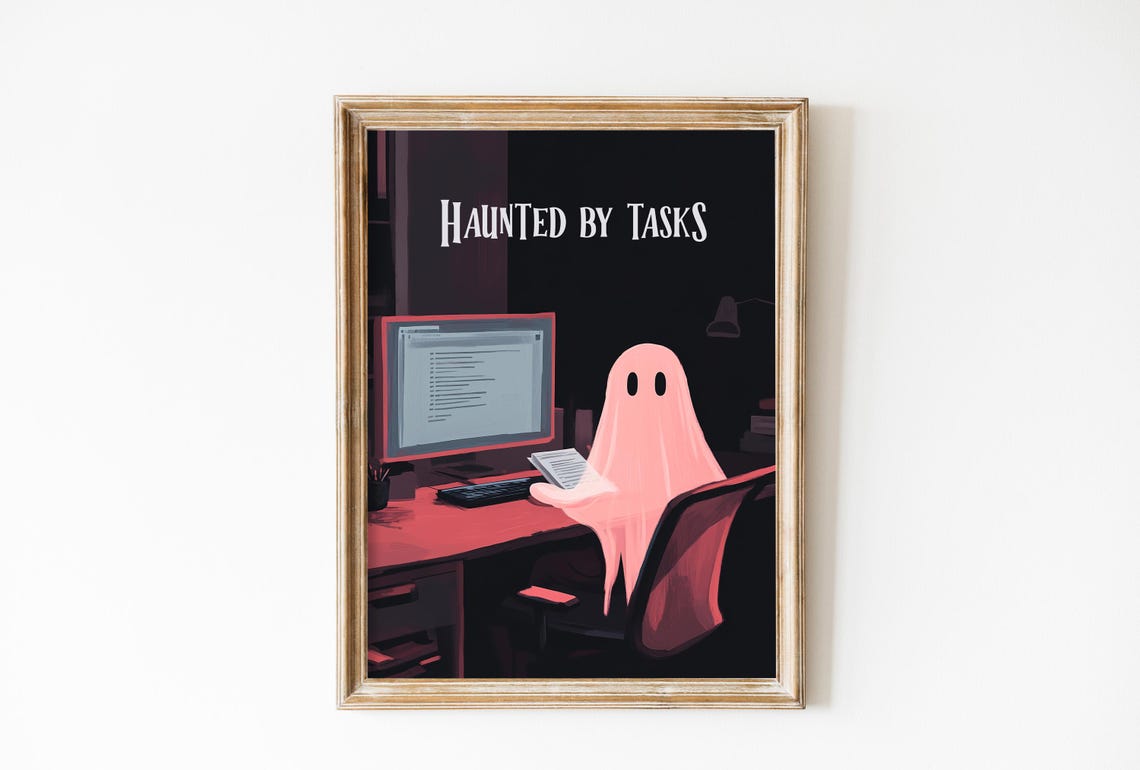 Haunted By Tasks Pink Ghost At Desk Office Halloween Art Poster