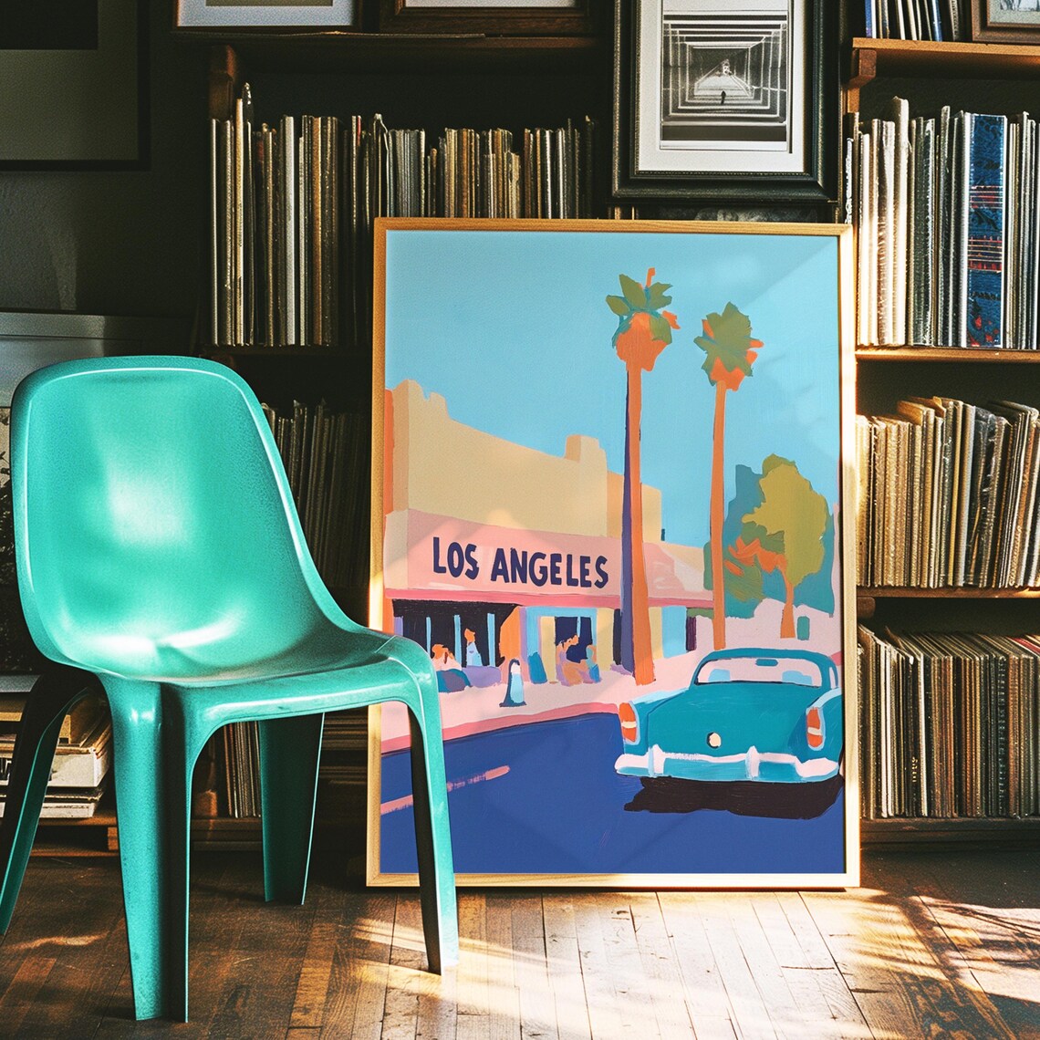 Los Angeles Pastel Street With Palm Trees And Classic Car Poster - Image 2