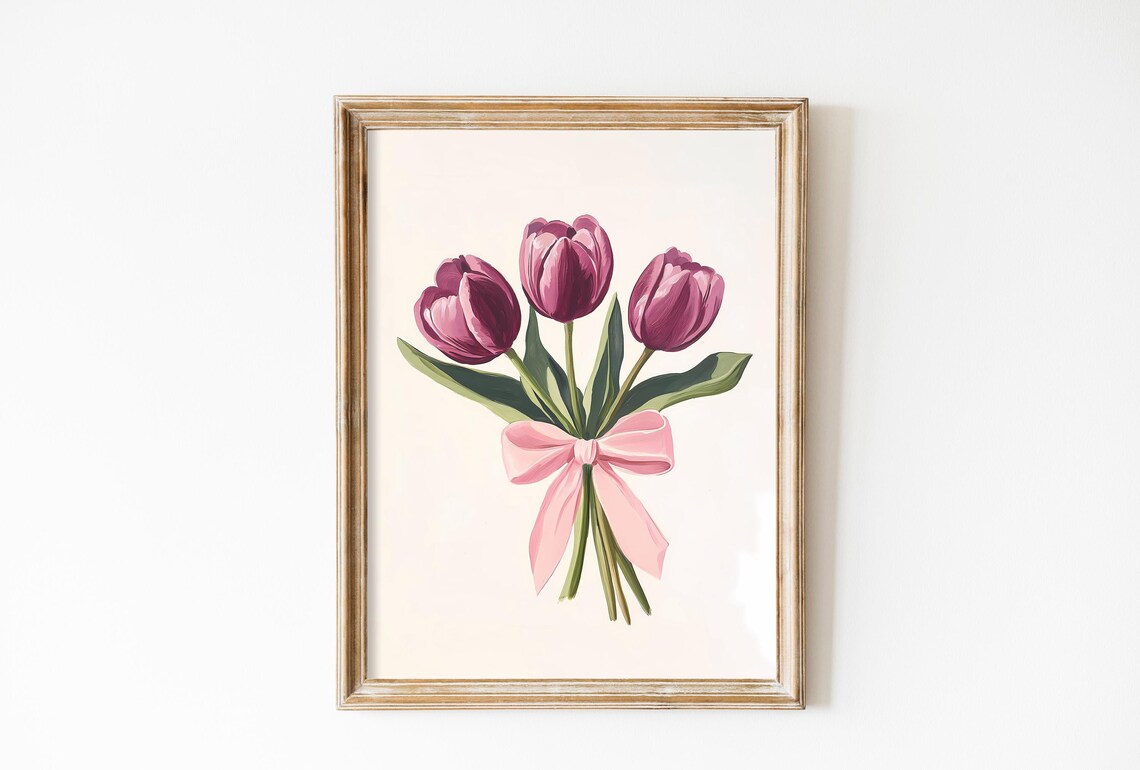Coquette Burgundy Tulips Bouquet, Vintage Floral Art Print