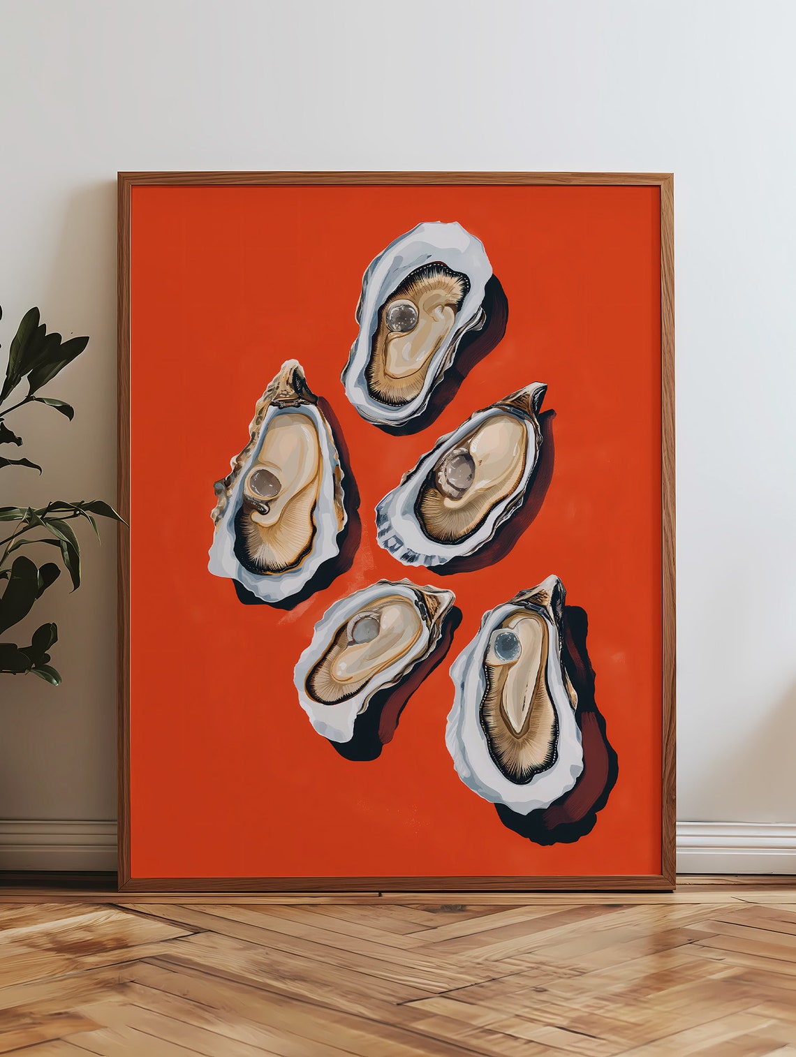 Fresh Oysters Red Background Bold Seafood Kitchen Art Poster - Image 3