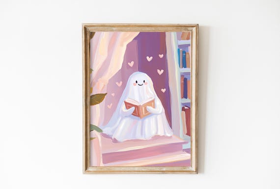 Valentines Day Cute Ghost Wall Art Print Books Library Decor Book Nook Vday Coquette Room Decor Book Shop Girls Dorm Painting