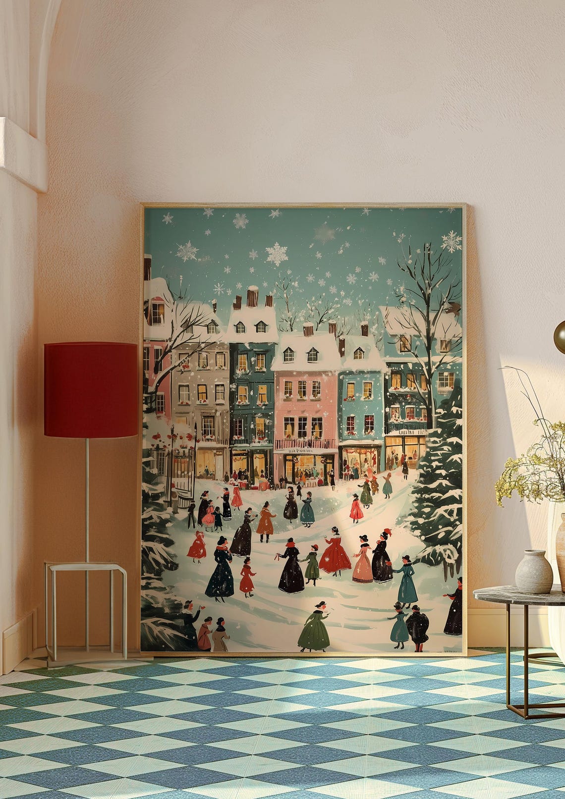 Victorian Winter Town Square Gathering in Falling Snow Poster - Image 3