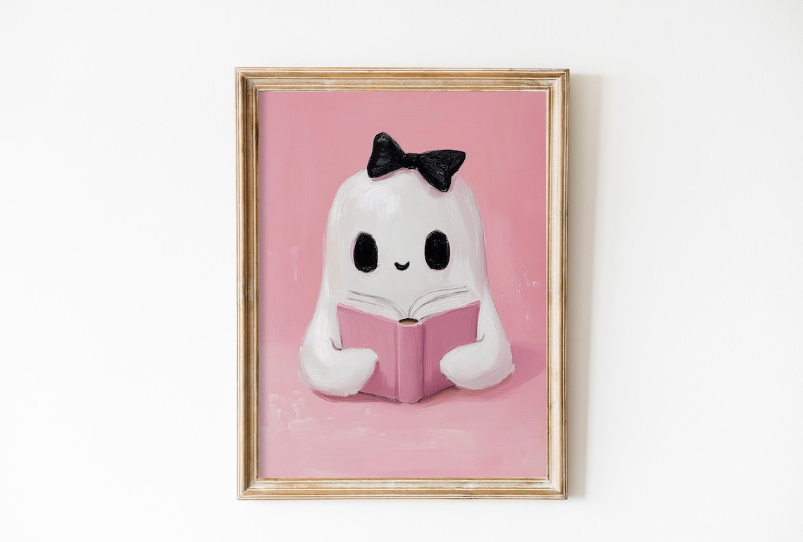 Vintage Pink Ghost Art Print, Halloween Decor