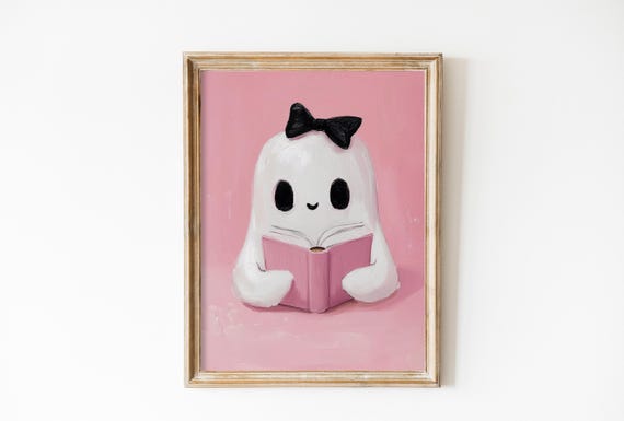 Vintage Pink Ghost Art Print, Halloween Decor