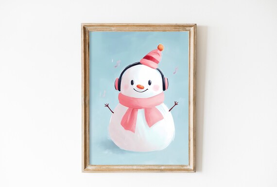 Cute Blue Snowman Wall Art Print For Boys Room Winter Nursery Decor Kids Preppy Christmas Baby Boy Xmas Wall Art