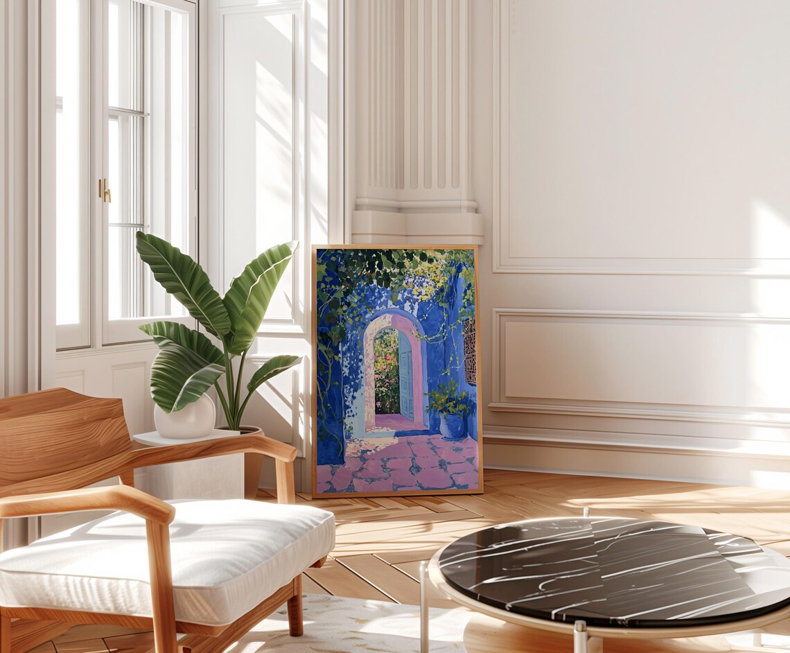 Vibrant Blue Moroccan Palm Tree Art Print - Image 3
