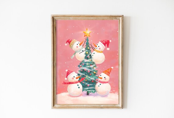 Four Snowmen Decorating Christmas Tree On Pink Background Poster