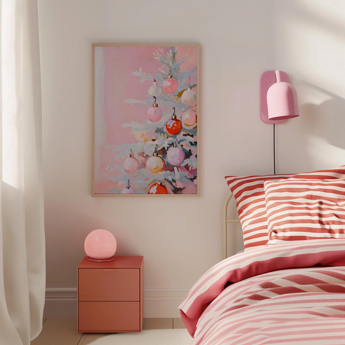 Pink Christmas Tree with Colorful Glass Ornaments Closeup Poster - Image 2