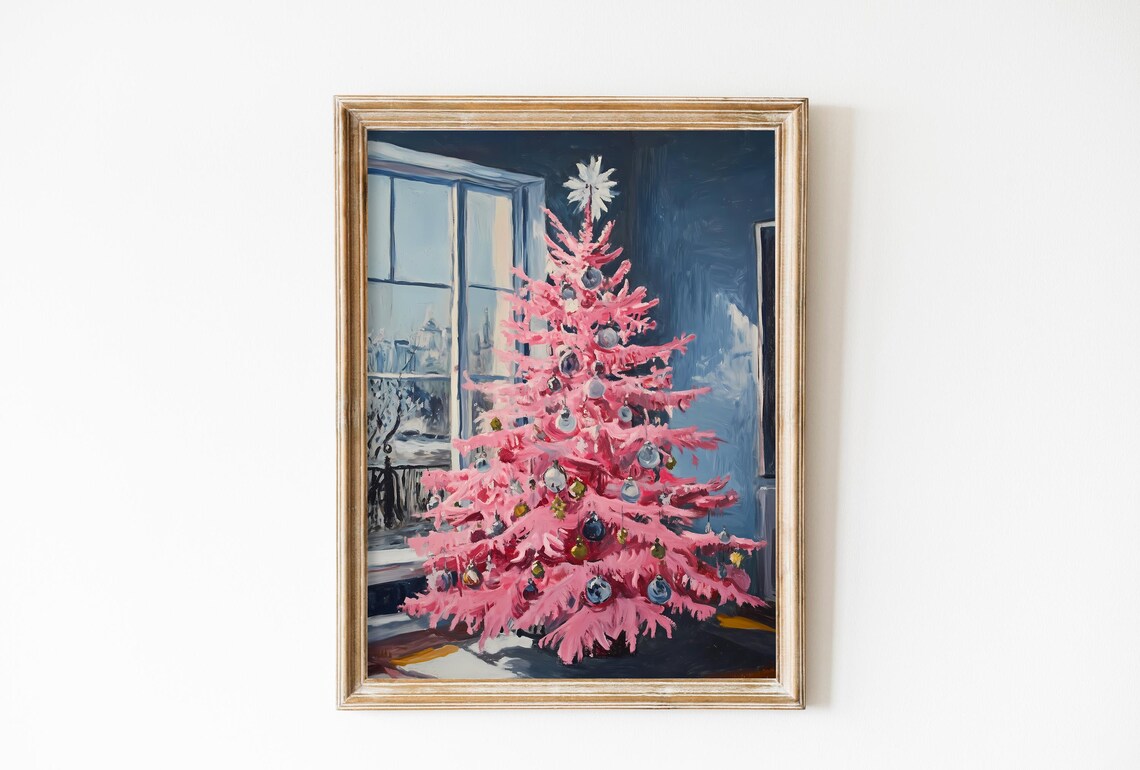 Pink Christmas Tree Oil Painting by a Frosty Window View Poster