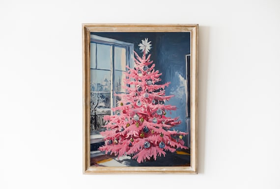 Pink Christmas Tree Oil Painting by a Frosty Window View Poster