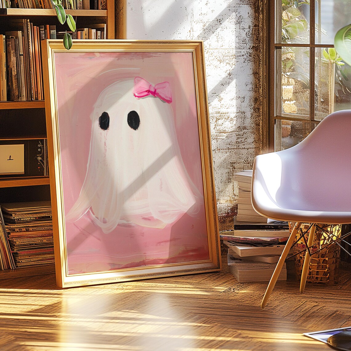 Cute White Ghost Pink Bow Pink Background Halloween Art Poster - Image 3