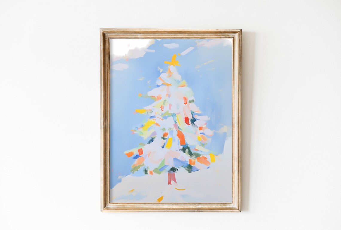 Pastel Blue Abstract Christmas Tree with Confetti Strokes Poster