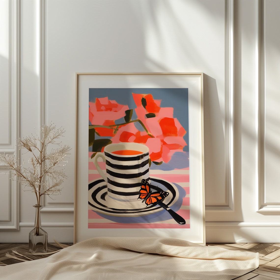 Striped Coffee Cup Monarch Butterfly Modern Pink Kitchen Art Poster - Image 4
