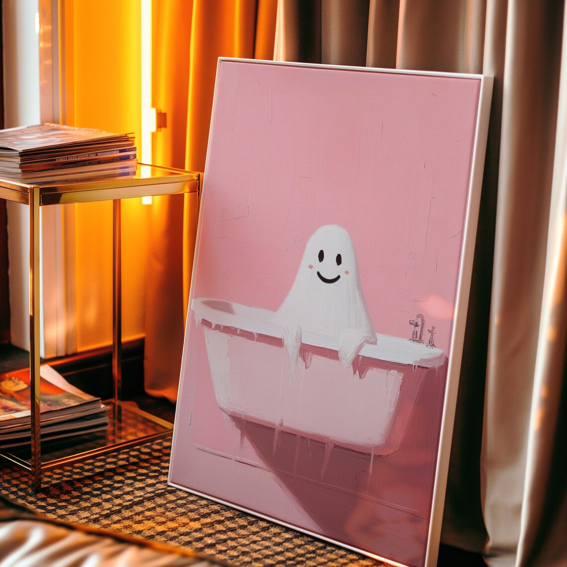 Cute Ghost In Bath Halloween Art Print, Retro Pink Decor - Image 2