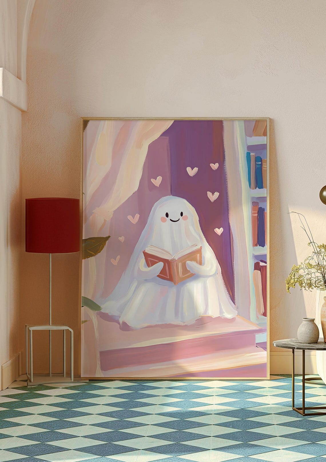 Cute Ghost Reading in a Library with Hearts Sweet Valentine Art Poster - Image 3