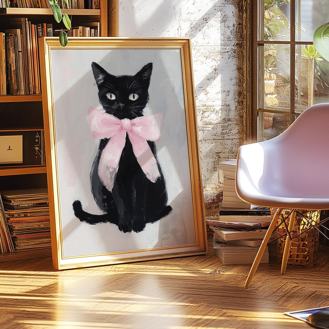 Black Cat With Pink Bow Watercolor Portrait Soft Pastel Art Poster - Image 2