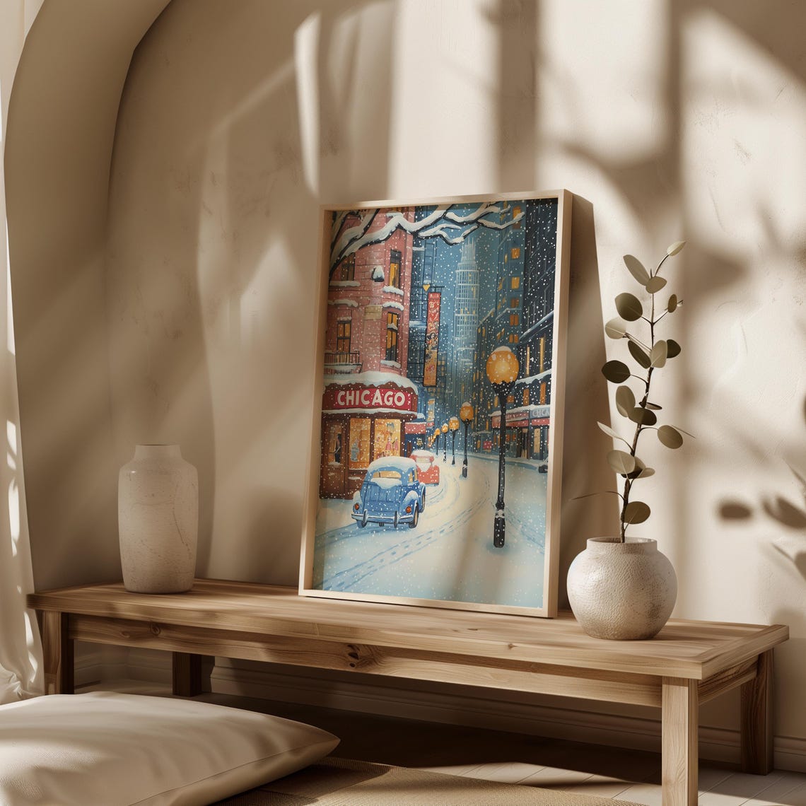 Retro Winter Chicago Poster Christmas Chicago Wall Art Vintage Oil Painting Usa Travel Poster Dorm Decor Gift Soft Pink City Landscape - Image 3