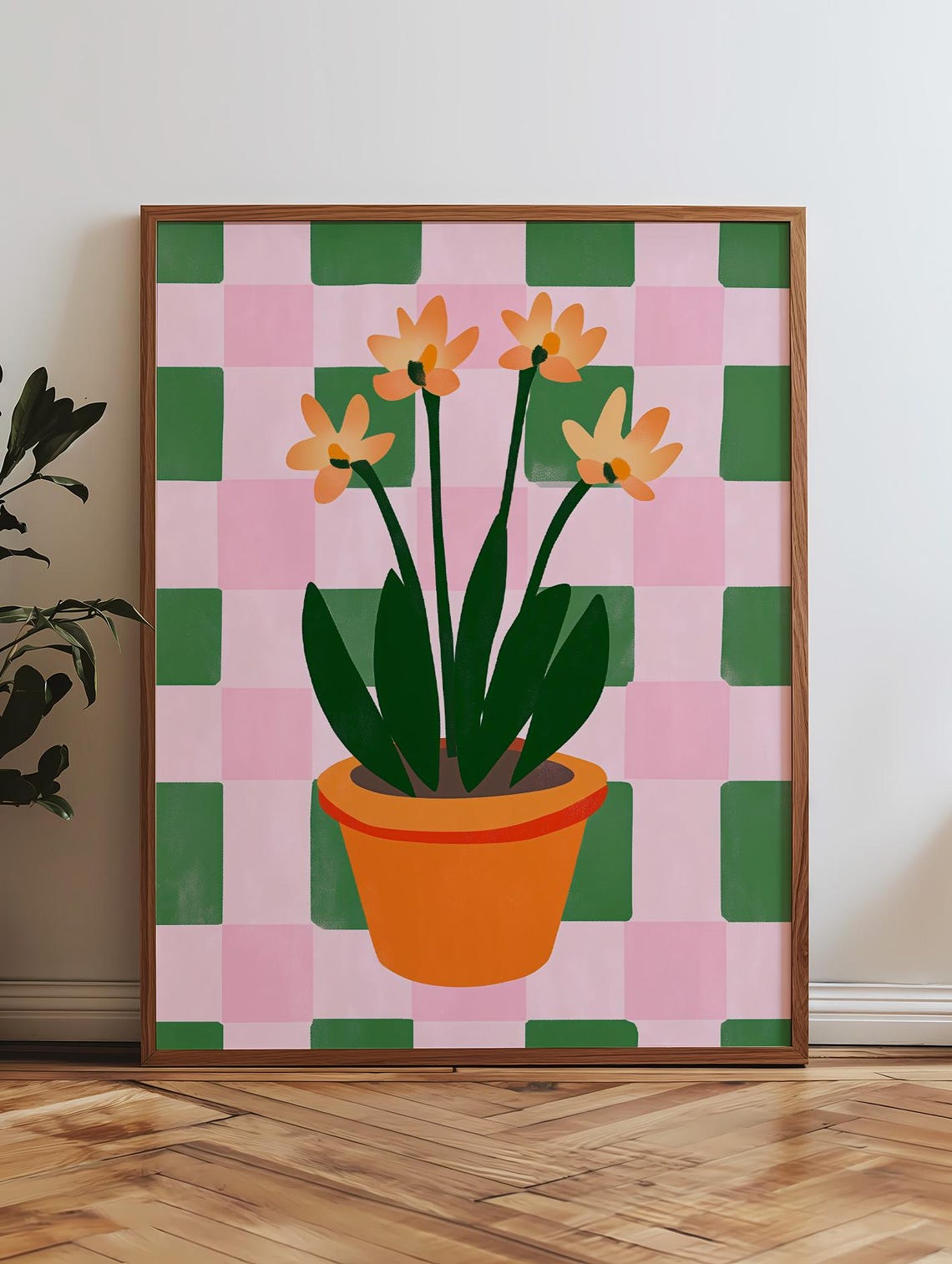 Orange Flowers In Terracotta Pot On Checkerboard Background Poster - Image 3