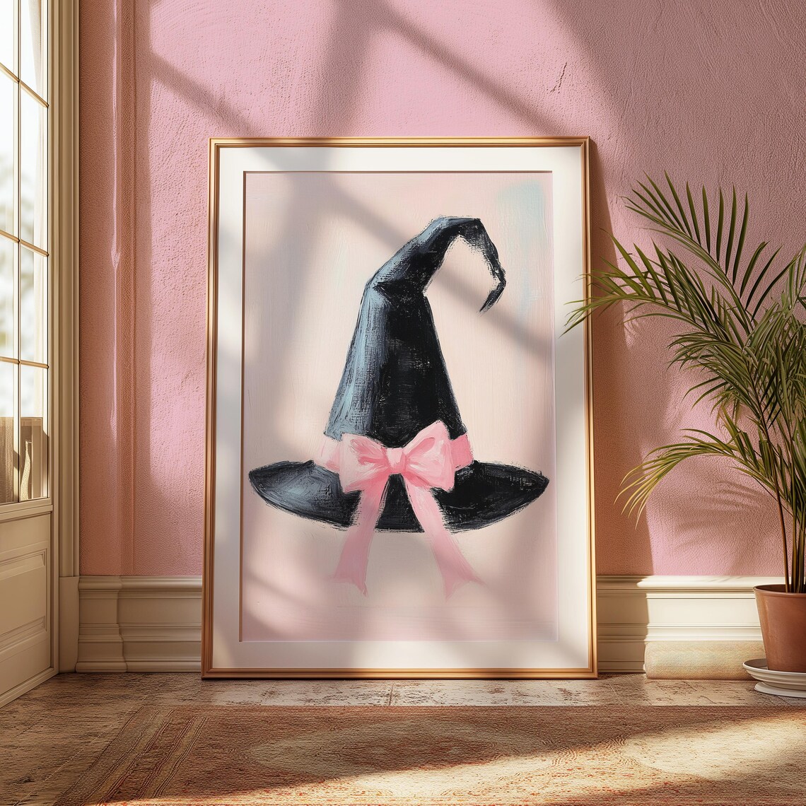 Black Witch Hat With Pink Bow Pastel Painting Halloween Art Poster - Image 2