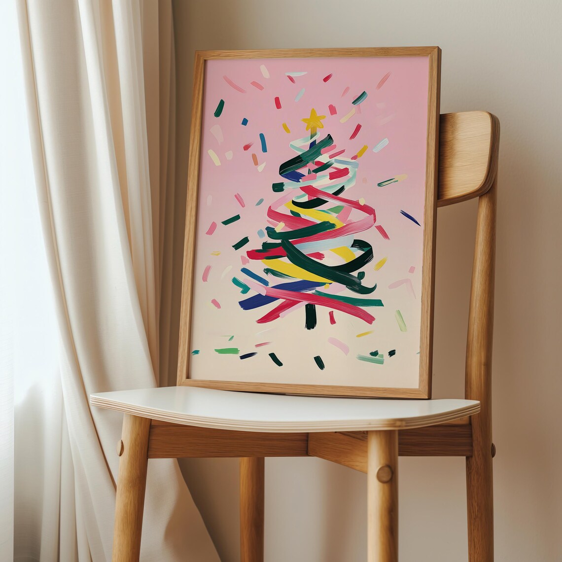 Minimalist Confetti Ribbon Christmas Tree on Blush Pink Poster - Image 3