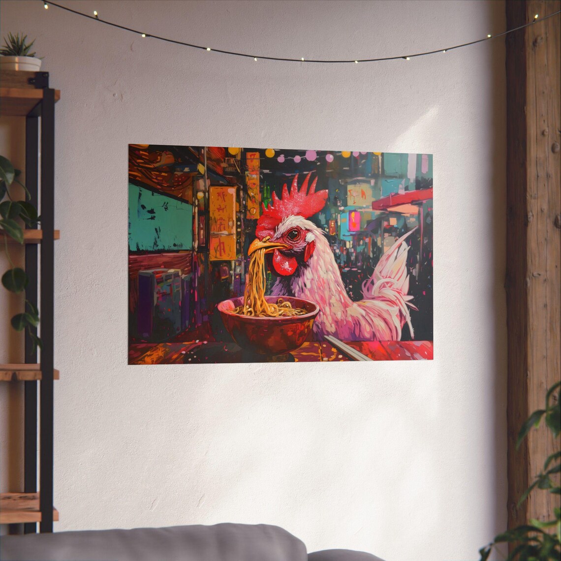 Rooster Eating Ramen in Neon Tokyo Street Colorful Art Poster - Image 2