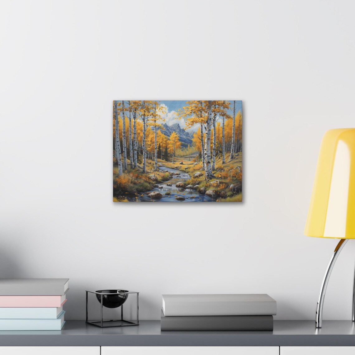 Golden Aspen Forest Mountain Stream Autumn Oil Painting Poster - Image 3