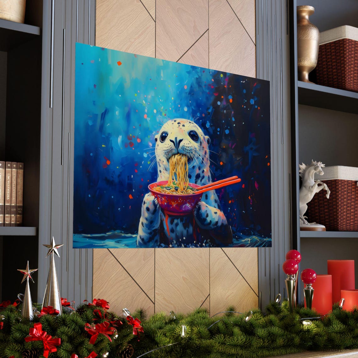 Cute Playful Seal Slurping Noodles from a Red Bowl Ocean Poster - Image 2