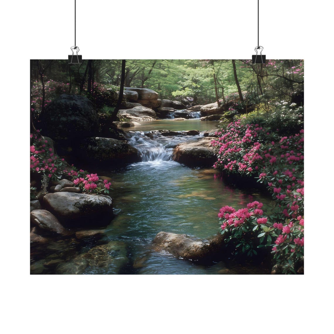 Lush Forest Stream Waterfall Pink Blossoms Mossy Rocks Poster