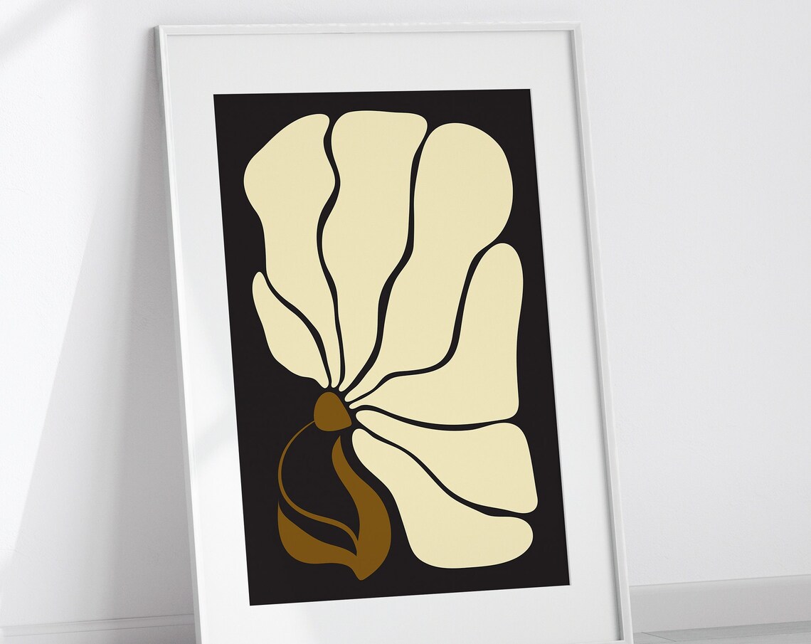 Abstract Flower Print Beige Black Modern Floral Mid Century Wall Decor - Image 2