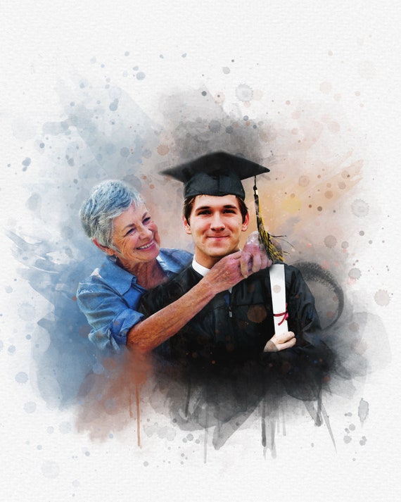 Personalized Watercolor Portrait From Photo Graduate And Mother Print