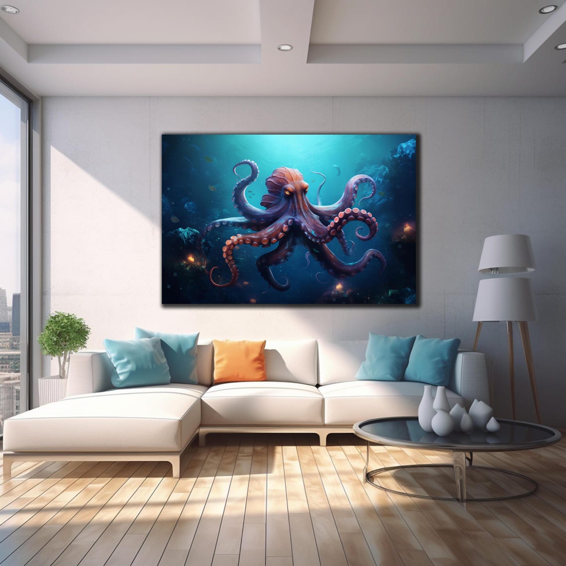 Magical Octopus Deep Ocean Turquoise Light Rays Sea Creature Poster - Image 4