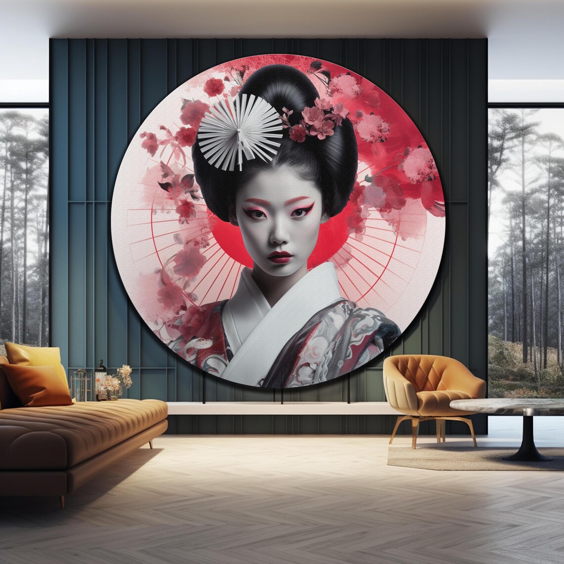 Geisha Portrait Round Pink Blossom Kimono Elegant Wall Art Poster - Image 3