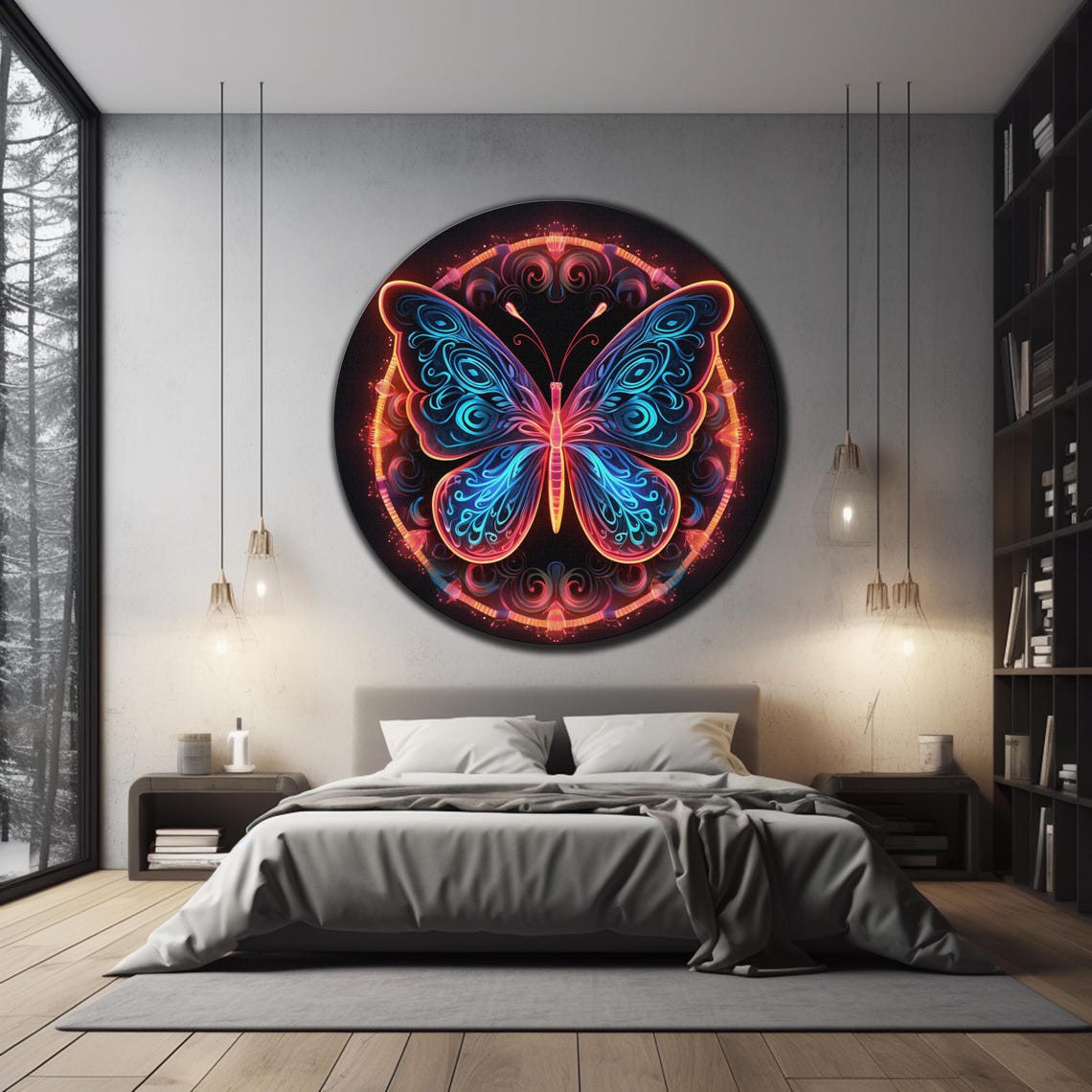 Neon Butterfly Round Glowing Blue Pink Wings Dark Wall Art Poster - Image 3