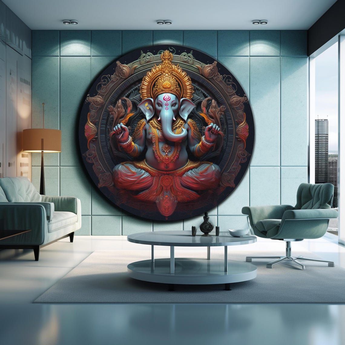Lord Ganesha Golden Ornate Crown Blue Elephant God Round Wall Art - Image 2