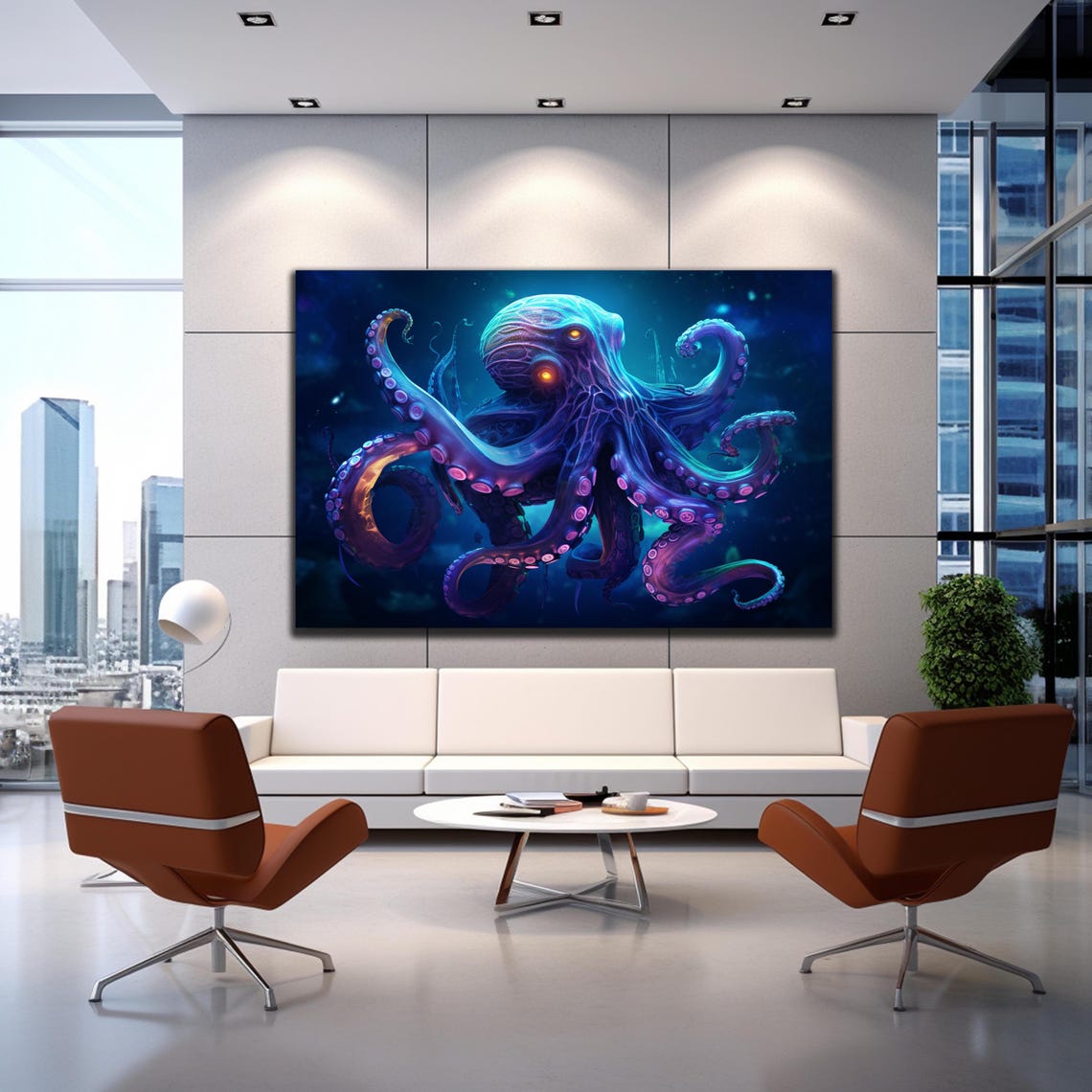 Glowing Purple Octopus Underwater Blue Neon Tentacles Sea Poster - Image 2