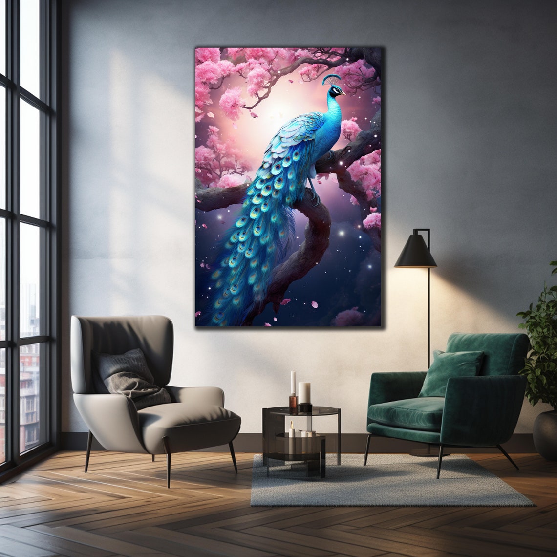 Blue Peacock Cherry Blossom Night Moonlit Garden Bird Art Poster - Image 3