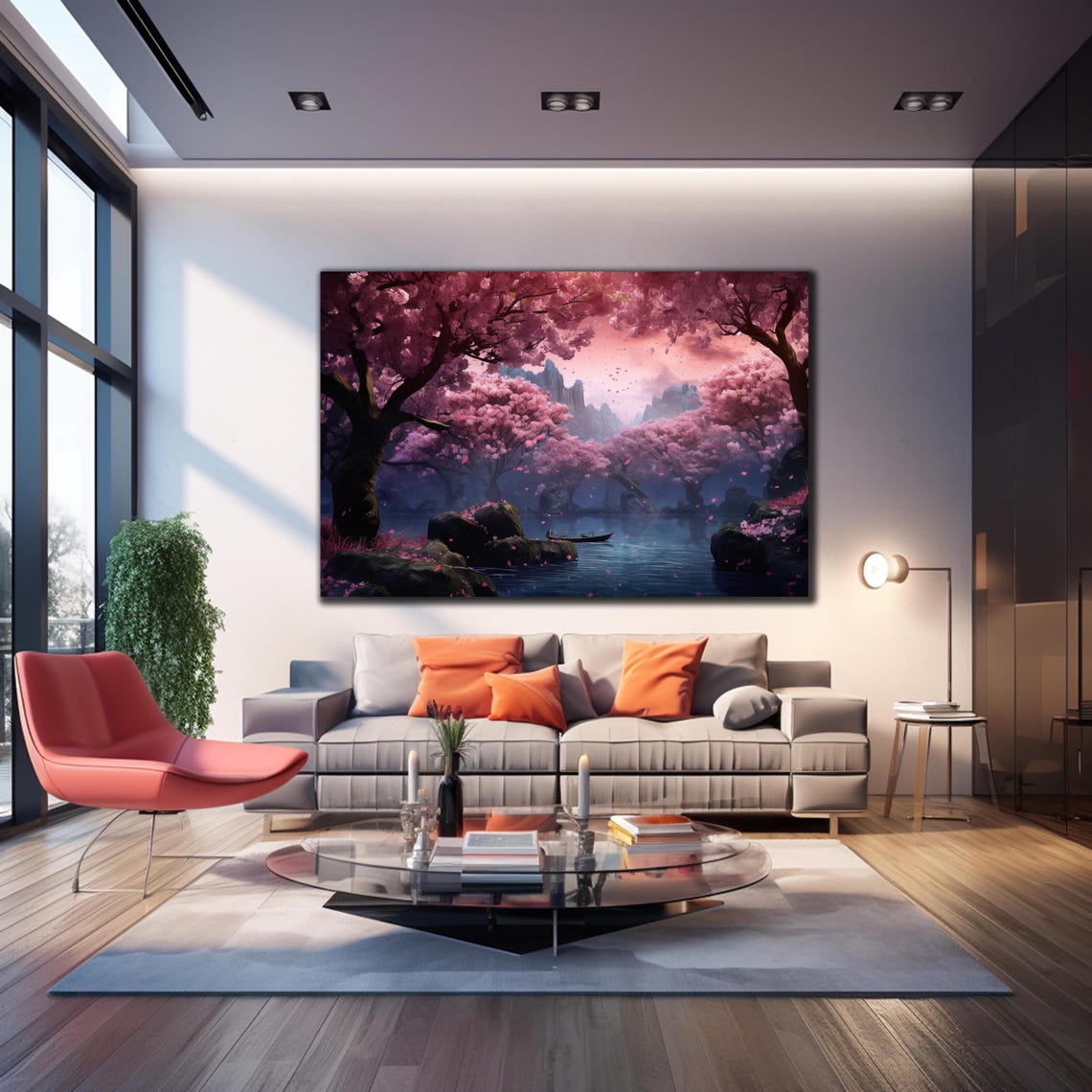 Cherry Blossom Lake Boat Misty Mountains Pink Twilight Wall Poster - Image 2