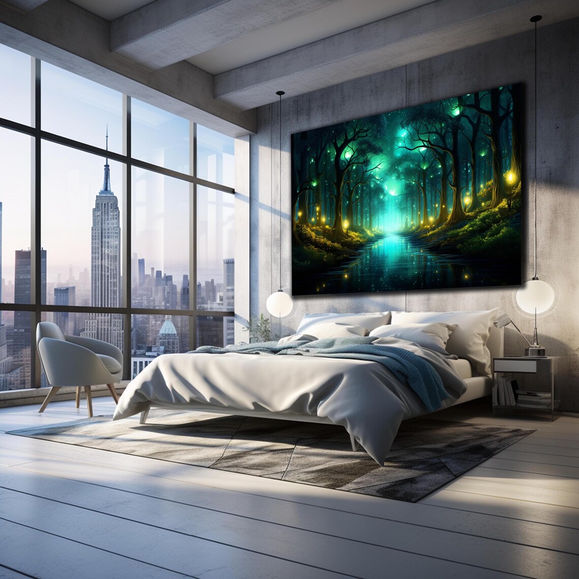 Fireflies Illuminate Forest Tempered Glass Wall Art Fantasy Neon Wall Decor Psychedelic Glowing Forest Glass Art Optical Illusion Artwork - Image 3