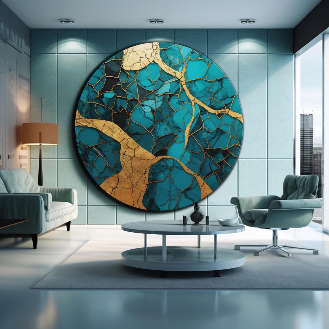 Turquoise Teal Marble Gold Vein Abstract Luxury Round Glass Wall Art - Image 2