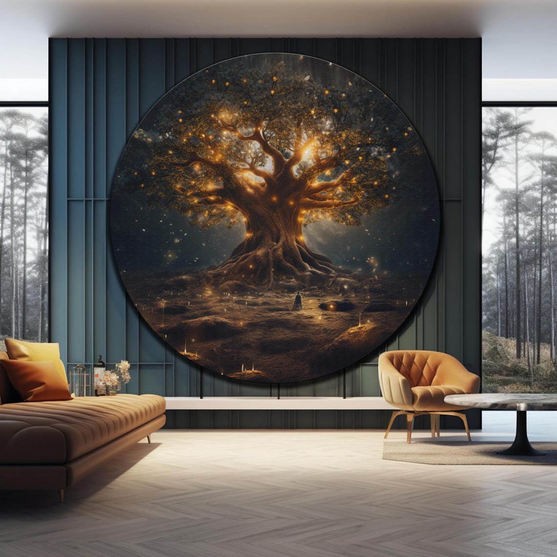 Enchanted Golden Tree Of Life Night Glow Lone Figure Round Wall Art - Image 4