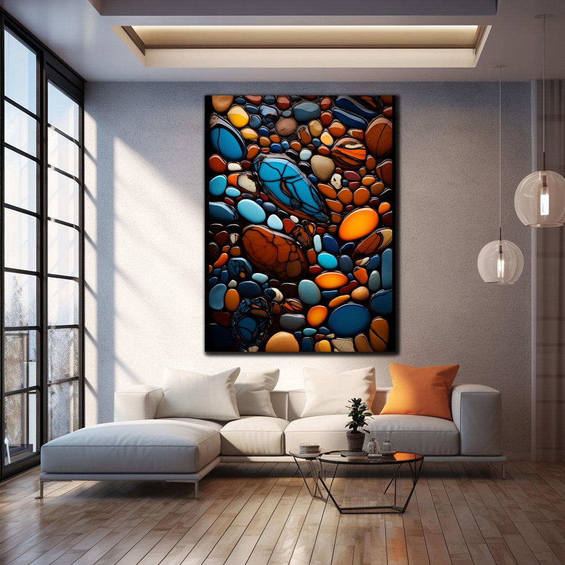 Glossy Pebbles Blue Orange Dark Background Stone Mosaic Wall Poster - Image 2
