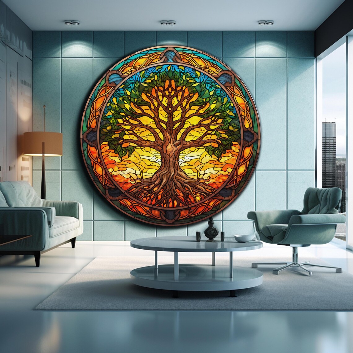 Tree Of Life Stained Glass Sunset Celtic Knot Border Round Wall Art - Image 2
