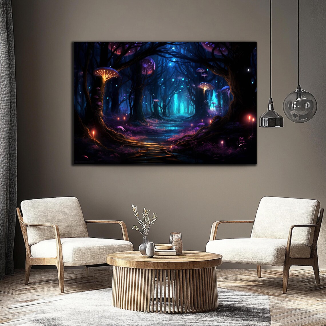 Fireflies Illuminate Forest Tempered Glass Wall Art Fantasy Neon Wall Decor Optical Illusion Artwork Psychedelic Glowing Forest Glass Art - Image 2